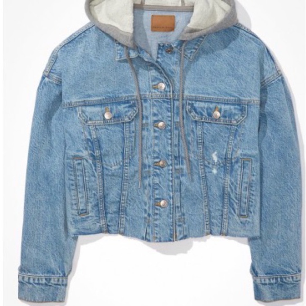 American Eagle Outfitters Blue Jean Jacket with Gray Hood